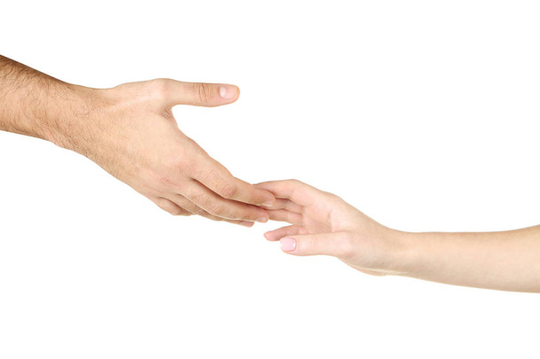 Female and male hand holding each other on white background - Fotoğraf, Görsel