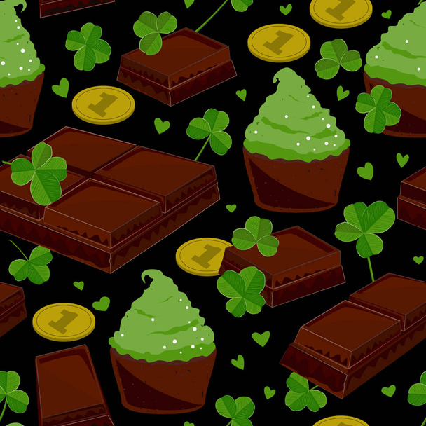 Απρόσκοπτη Αγίου Patricks ημέρα φόντο με τριφύλλι αφήνει σοκολάτες, πράσινο cupcakes και νομίσματα. Εικονογράφηση διάνυσμα - Διάνυσμα, εικόνα