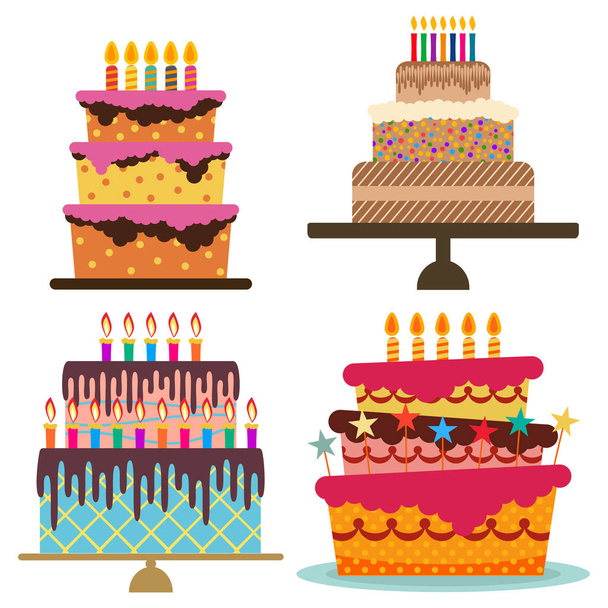 Ensemble de quatre gâteaux d'anniversaire doux avec des bougies allumées
 - Vecteur, image