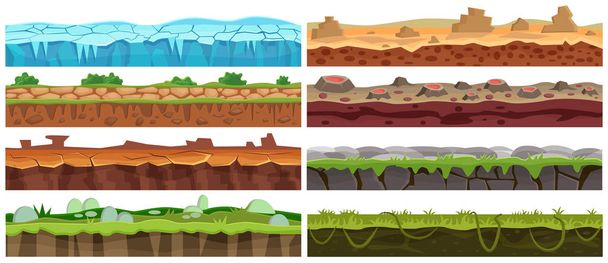 Seamless cartoon vector landscape design set. Ground floor collection for game interface. - ベクター画像