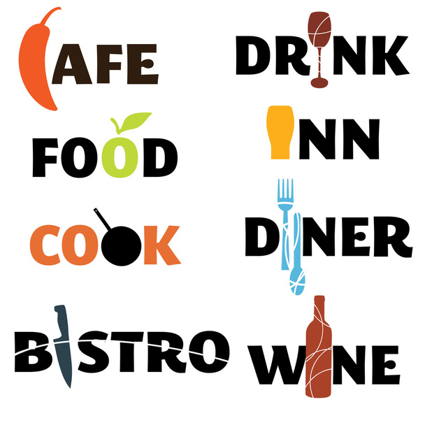 Un conjunto de gráficos de palabras temáticas de comida y bebida
 - Vector, imagen