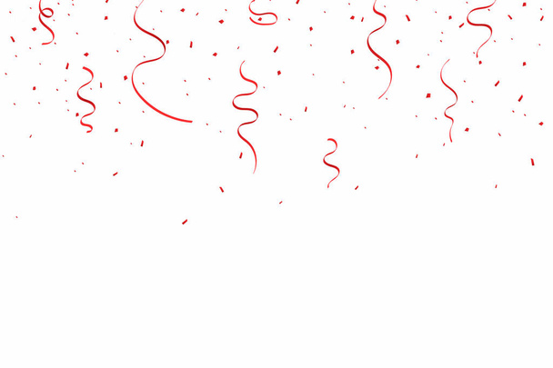 Fondo de celebración con cintas rojas y confeti. Cae confeti y cintas aisladas sobre fondo blanco
 - Vector, Imagen