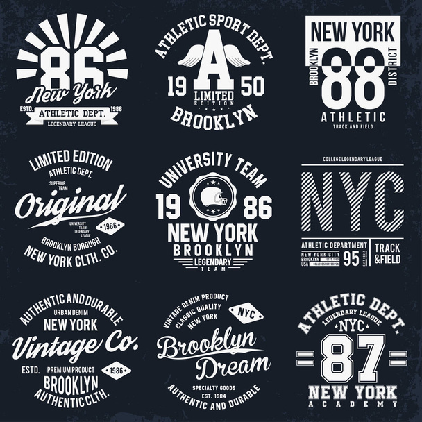 New York, Brooklyn typography, badges set for t-shirt print. Sports, athletic t-shirt patches. T-shirt graphics - Вектор,изображение