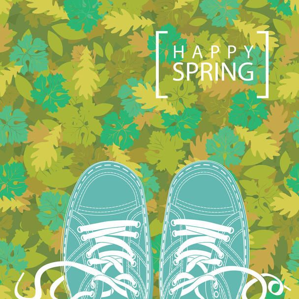 Tavaszi banner a szavakkal és a zöld cipő - Vektor, kép