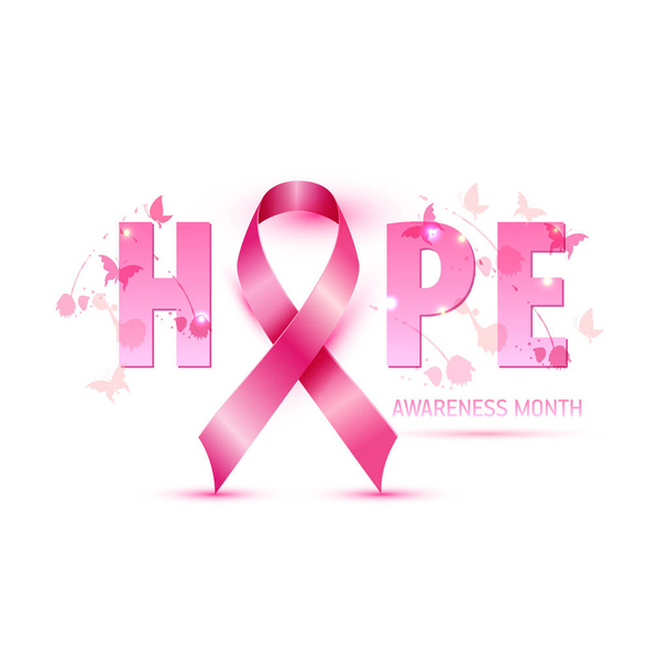 Μαστού Καρκίνος ευαισθητοποίησης έννοια εικονογράφηση ροζ κορδέλα σύμβολο, ροζ ακουαρέλα τους λεκέδες με κείμενο Οκτωβρίου. Διάνυσμα χέρι συρμένη απεικόνιση. - Διάνυσμα, εικόνα