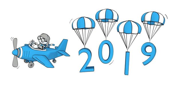 σχηματικό αντράκι, πετούν σε ένα αεροπλάνο και το έτος 2019 για αλεξίπτωτα - Φωτογραφία, εικόνα