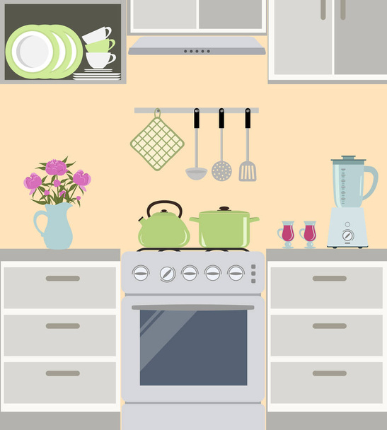 Fragment of a kitchen interior in gray color. Still life. There is a green kettle and pan on the stove. Also blender, a vase with pink peonies and other objects in the picture. Vector illustration - Vector, Image