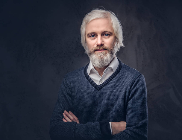 Portrait of a handsome mature male with a gray beard isolated on a dark background. - Photo, Image