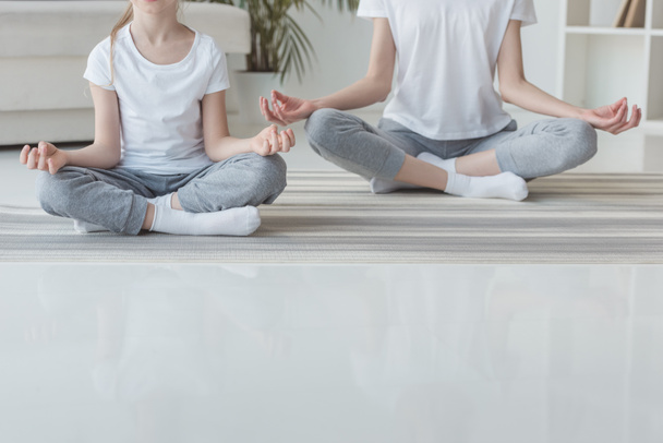 cropped shot of mother and daughter meditating in lotus pose together at home - 写真・画像