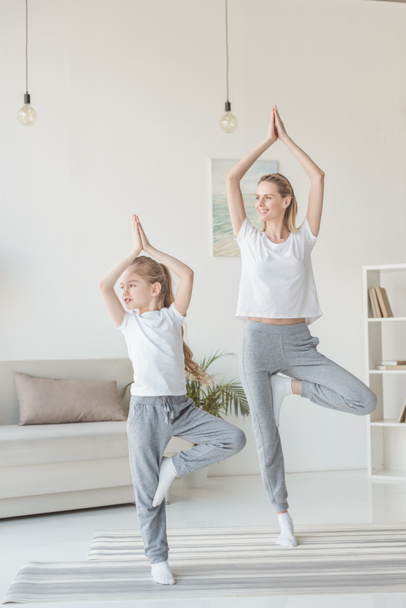 beautiful mother and daughter balancing in tree pose together - Photo, Image