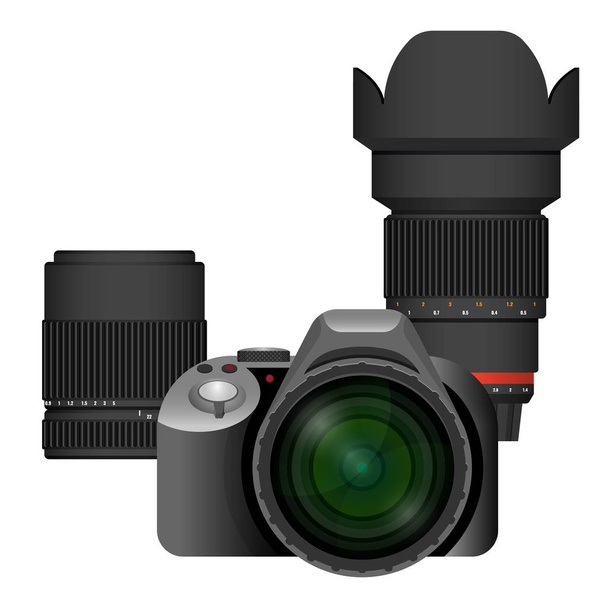 Câmera profissional moderna compacta com conjunto de lentes de reposição
 - Vetor, Imagem