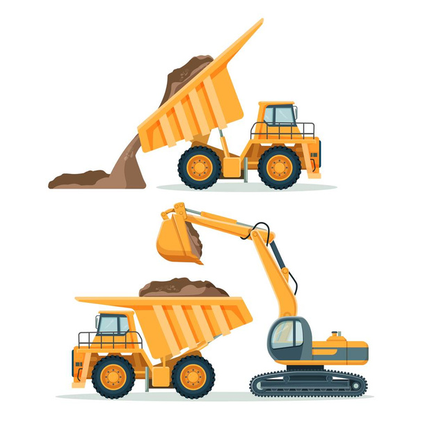 Dump truck with body full of soil and modern excavator - Vector, Image