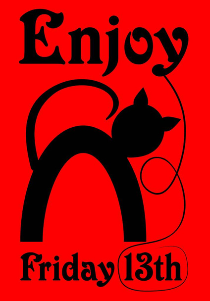 Cuma 13, siyah kedi siluet karikatür ile Kızıl Bayrak. - Vektör, Görsel
