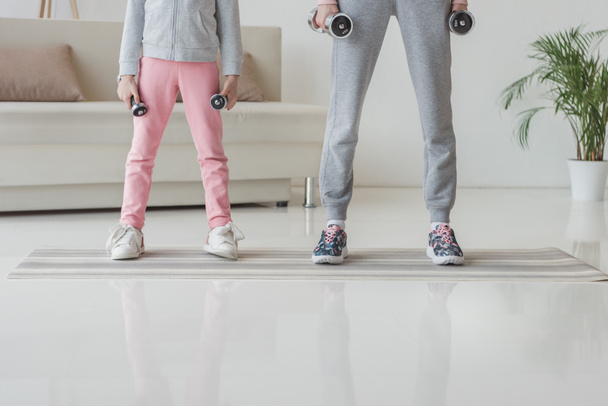 corte tiro de mãe e filha de pé com halteres em casa
 - Foto, Imagem