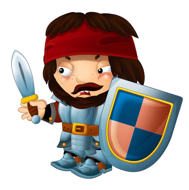 Cartoon funny knight with sword and shield - white background - illustration for children - Foto, Imagem