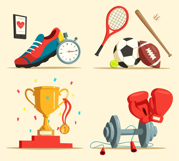 Running shoes and baseball bat, soccer, rugby ball - Vector, Image