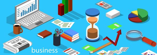 Isometric 3D vector illustration hourglass and a set of office supplies for business - Vettoriali, immagini