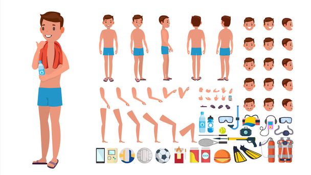 水着ベクトルの人。水泳パンツ姿で男性キャラクターをアニメーション化します。夏のビーチ作成セットです。完全な長さ、正面、側面、背面図。ポーズ、顔の感情、ジェスチャー。フラットの漫画イラストを分離 - ベクター画像