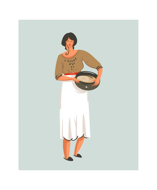 Ручной рисунок вектор абстрактный современный мультфильм время приготовления забавные иллюстрации значок с приготовления пищи шеф-повар женщина в белом фартуке подготовки печенье изолированы на белом фоне.
 - Вектор,изображение