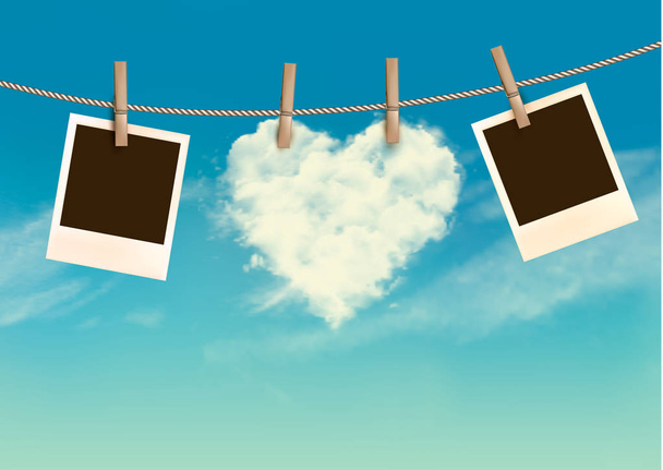 Heart shaped cloud on rope and photos. Valentine's day backgroun - Vector, Image