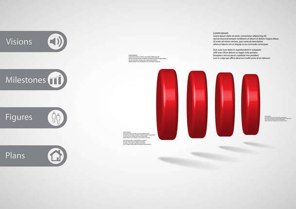 Modelo de infográfico de ilustração 3D com cilindro dividido verticalmente em quatro partes
 - Vetor, Imagem