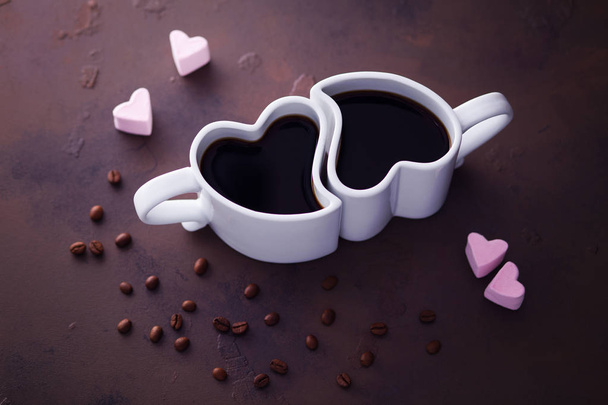 heart shape coffee cups with marshmallow and coffee beans,Valentines day concept - Photo, Image