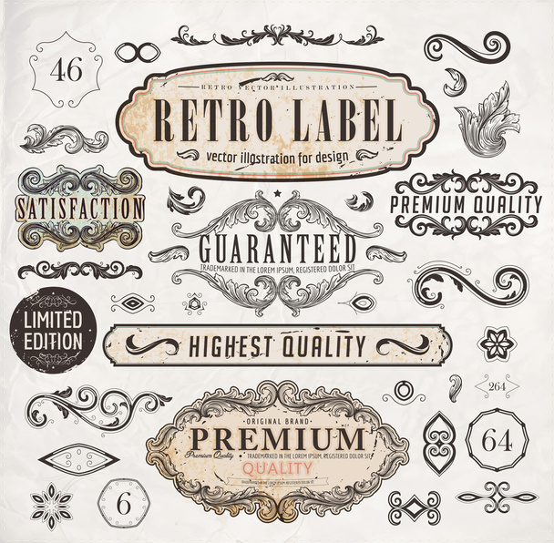 Vector set calligraphic design elements, engraving flowers and retro frames, Premium Quality and Satisfaction Guarantee vintage design Labels Old style, vector collection. - ベクター画像