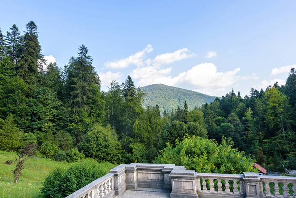 Переход на летнее время из замка Пелеш в летний зеленый лес в горах
 - Фото, изображение