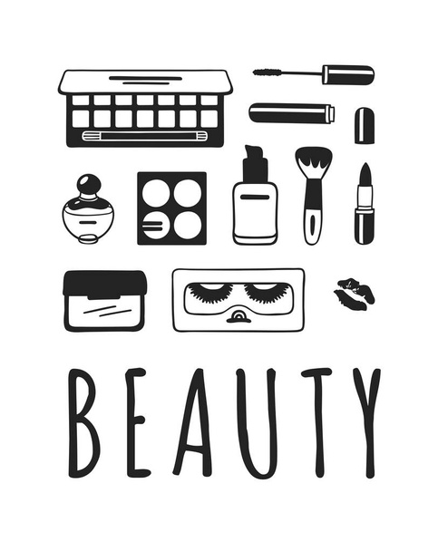 Ručně tažené ilustrace kosmetické výrobky. Make-up skutečné vektorové kreslení - Vektor, obrázek