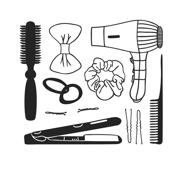 Hand drawn illustration hair tools . Actual vector drawing comb. hair dryer, barrette - ベクター画像
