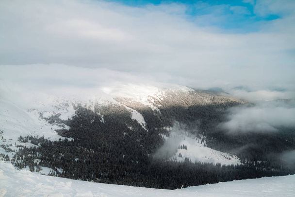 Заснеженные горы пейзаж. Облака и туман над снежными горами. Лес в горах
 - Фото, изображение