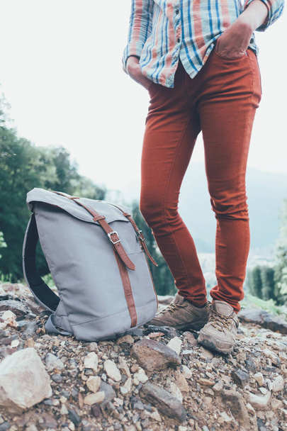 Traveler standing with backpack outdoor.  - Foto, Imagem