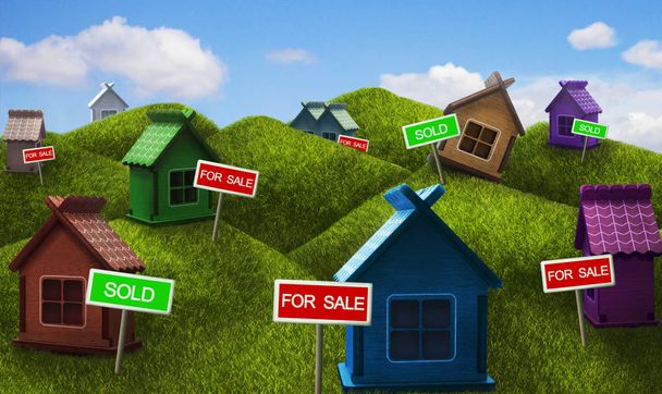 Sale of real estate: country colorful one-storey houses standing on the hills. - Photo, Image