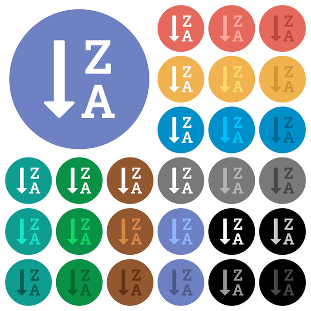 В алфавітному порядку впорядкований список круглих плоских різнокольорових піктограм
 - Вектор, зображення