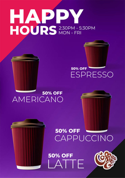 Café para llevar Happy Hours cartel de descuento
 - Vector, imagen