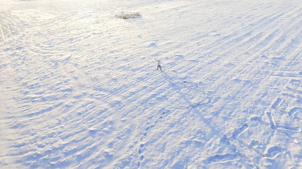 Champ d'hiver. Des images. Un homme seul dans les champs en hiver. Matin d'hiver pittoresque. L'homme sur le terrain
 - Photo, image