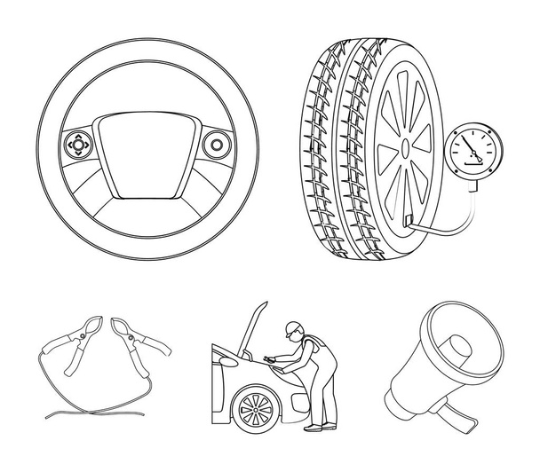 Engine adjustment, steering wheel, clamp and wheel outline icons in set collection for design.Car maintenance station vector symbol stock illustration web. - Διάνυσμα, εικόνα