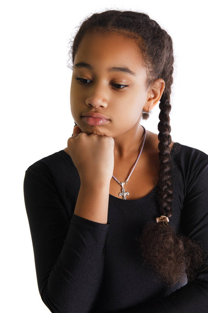 portrait of sad black girl on white background. - Foto, imagen