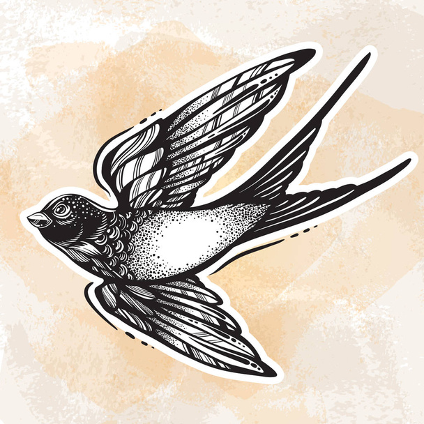 Blackwork tattoo flash. Beautifully detailed flying swallow bird. Vintage retro style design. Isolated vector illustration. Romance, lifestyle, freedom, tattoo. Print, posters, t-shirts and textiles. - Vetor, Imagem