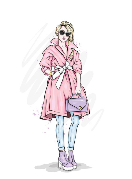 Beautiful, tall and slender girl in a stylish coat, trousers, glasses, with glasses. Stylish woman in high-heeled shoes. Fashion & Style. Vector illustration. - Vector, imagen