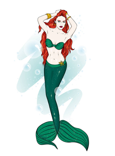 A beautiful mermaid with long hair. Fashion & Style. Vector illustration. Fairy-tale fashion girl. - Вектор, зображення