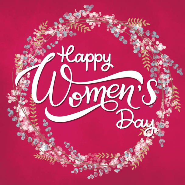 Happy Womens Day Greeting Cards. 8 March lettering with flowers wreath. - Foto, afbeelding