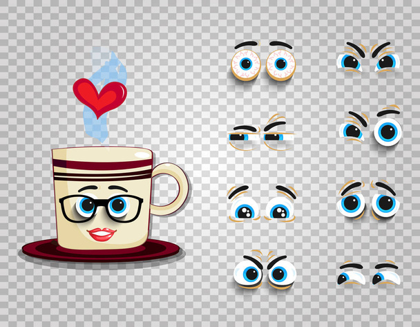 Emoji sada roztomilý kreslený šálku s vyměnitelným oči kolekce - Vektor, obrázek