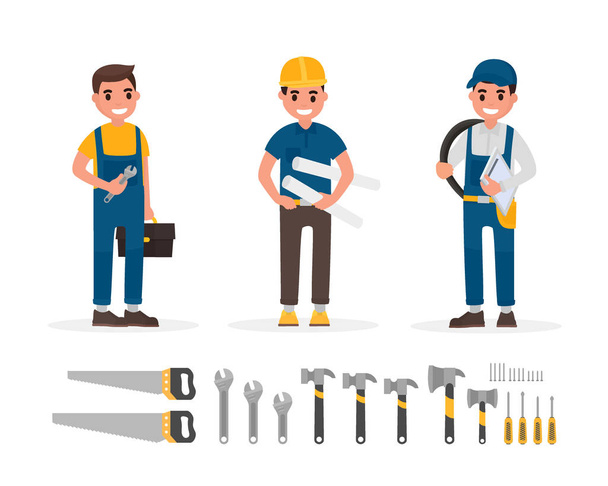 Handyman, plumber, foreman, engineer and builder elements collection with various people actions. Set of workers and hand tools in flat style - Vector, Image