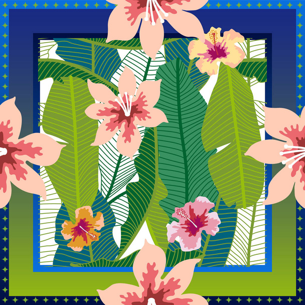 tropisches Sommerparadies. quadratischer Seidenschal mit Bananenblättern und blühenden Blumen auf Gradienten-Hintergrund.  - Vektor, Bild