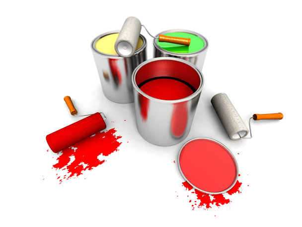 Rouleau peintres, boîtes de couleur et éclaboussures
 - Photo, image