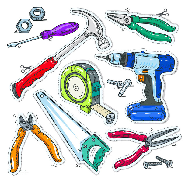 красочный набор столярных инструментов, молоток, сверло и пила
 - Вектор,изображение