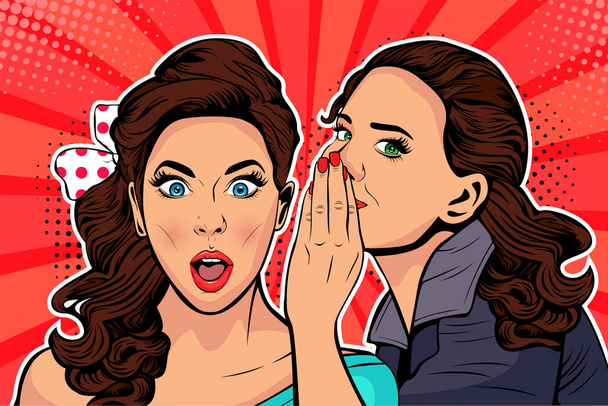 Woman whispering gossip or secret to her friend. Colorful vector illustration in pop art retro comic style.  - Vector, Image