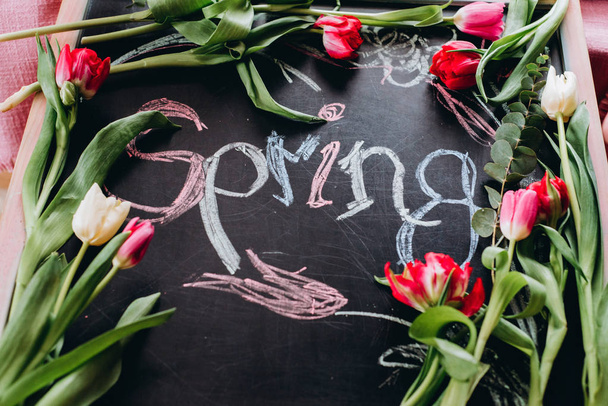 Spring letterring on black chalk board and tulips on background - Fotoğraf, Görsel