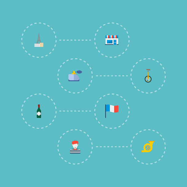Monocycle, parfümeri, şarap ve diğer simgeler web mobil app logo tasarımı için ülke simgeleri düz stil sembollerle kümesi. - Vektör, Görsel
